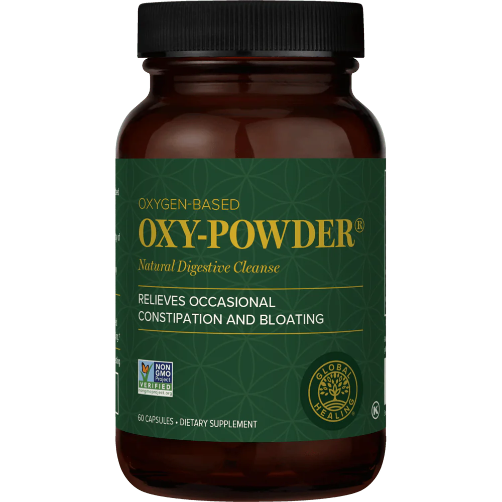 A bottle of Oxy-Powder dietary supplement capsules from Global Healing, designed for natural digestive cleanse.
