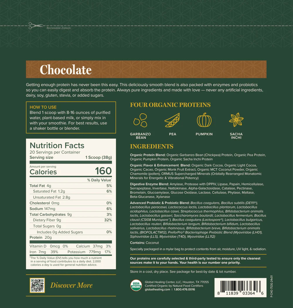 Plant Protein | Pure & Organic | Chocolate | Global Healing | 729g