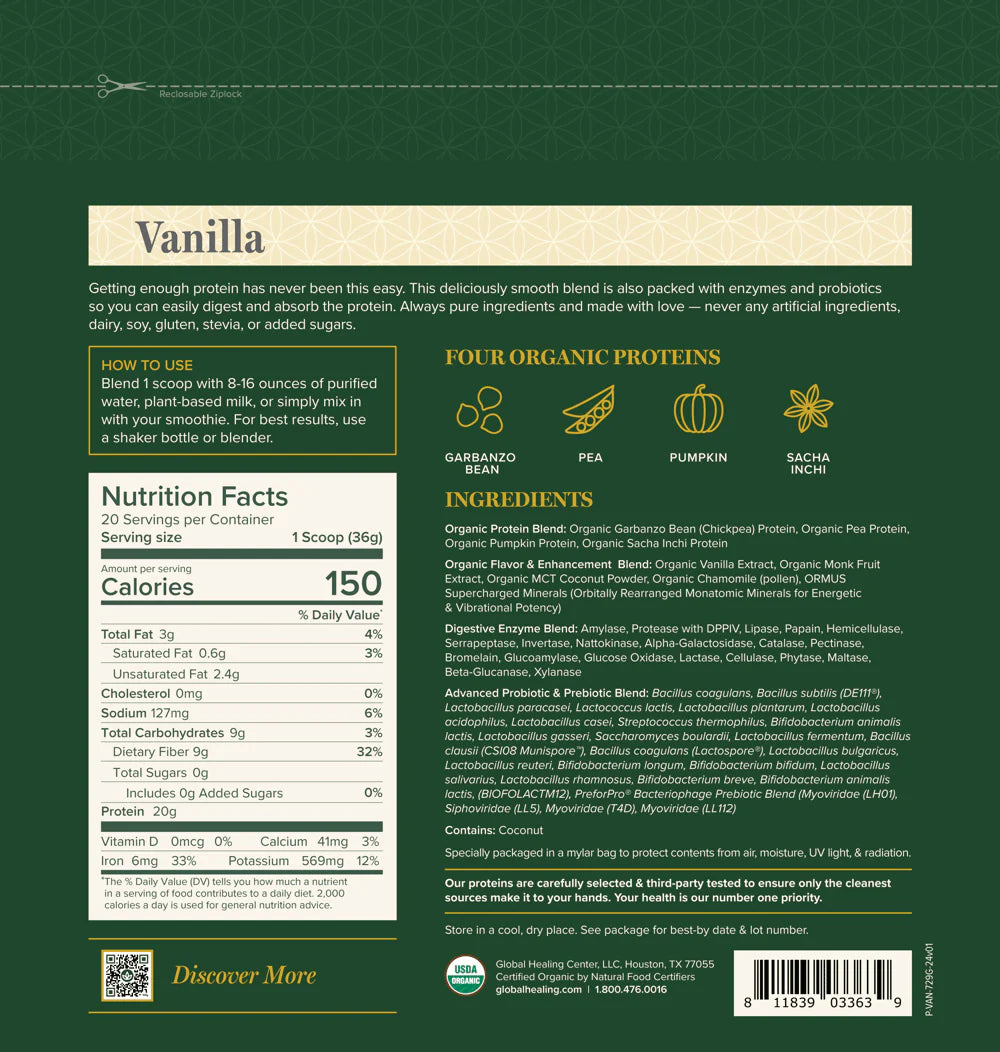 Plant Protein | Pure & Organic | Vanilla | Global Healing | 729g