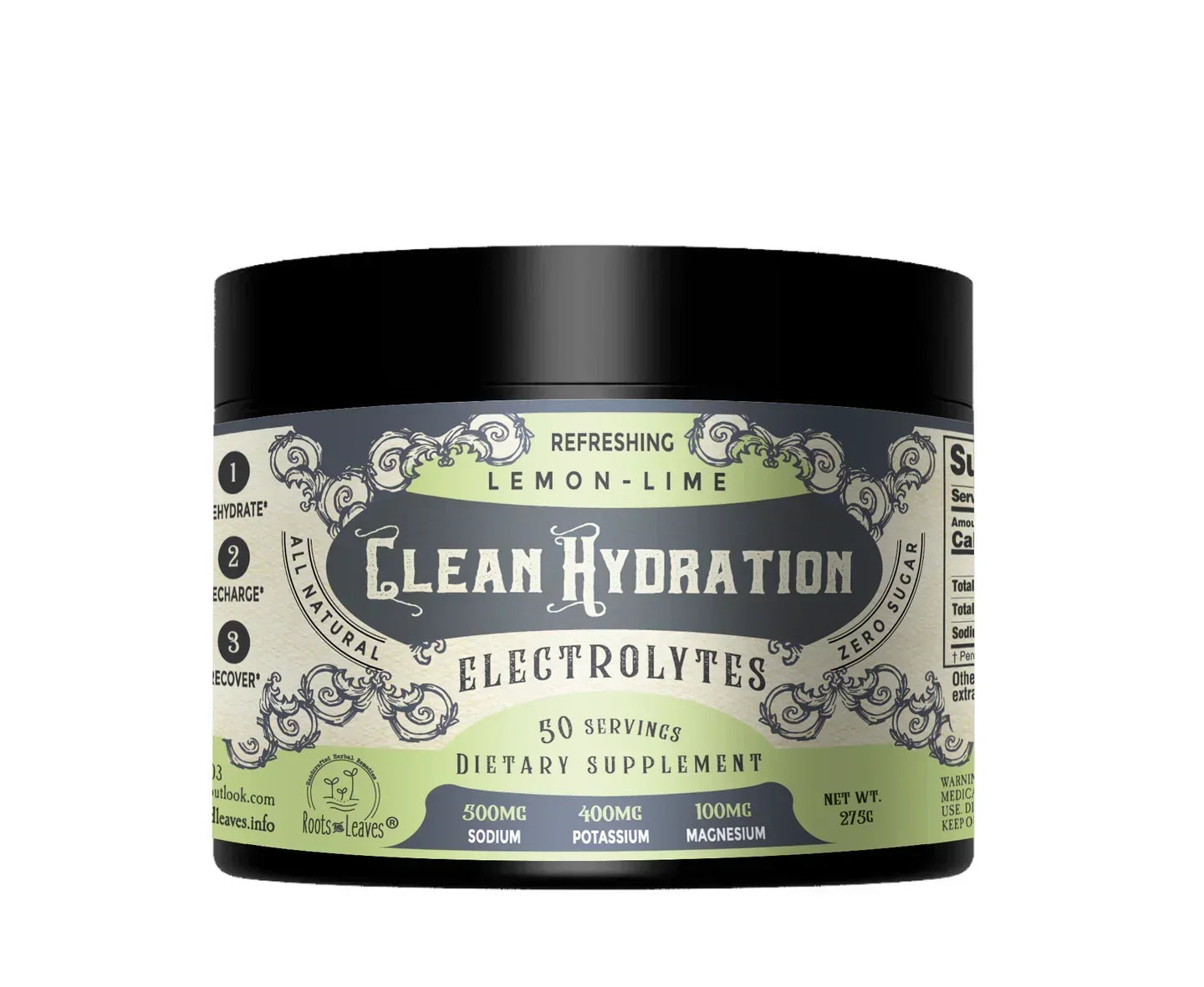 Roots and Leaves Clean Hydration Electrolytes in lemon lime, 275g tub