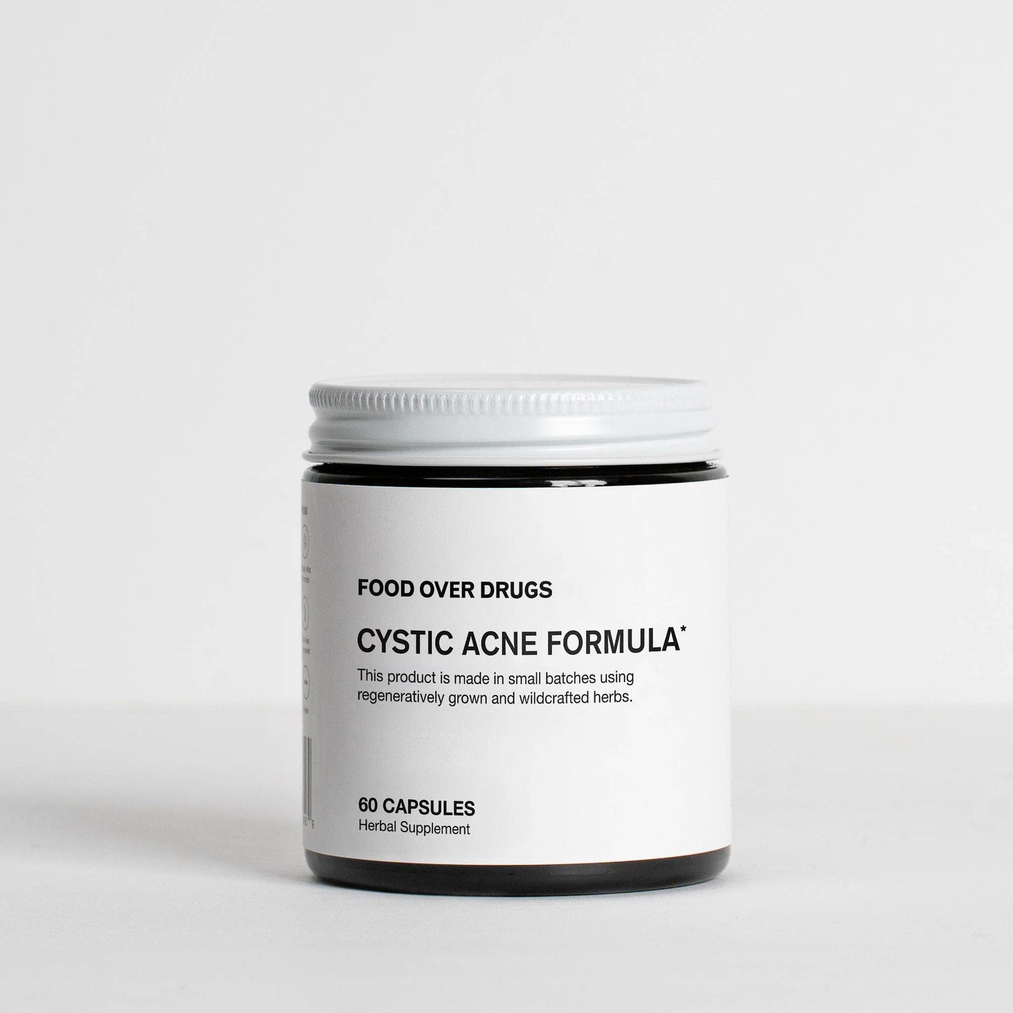 Food Over Drugs Cystic Acne Formula 60 capsule amber glass jar with a white label, front of pack