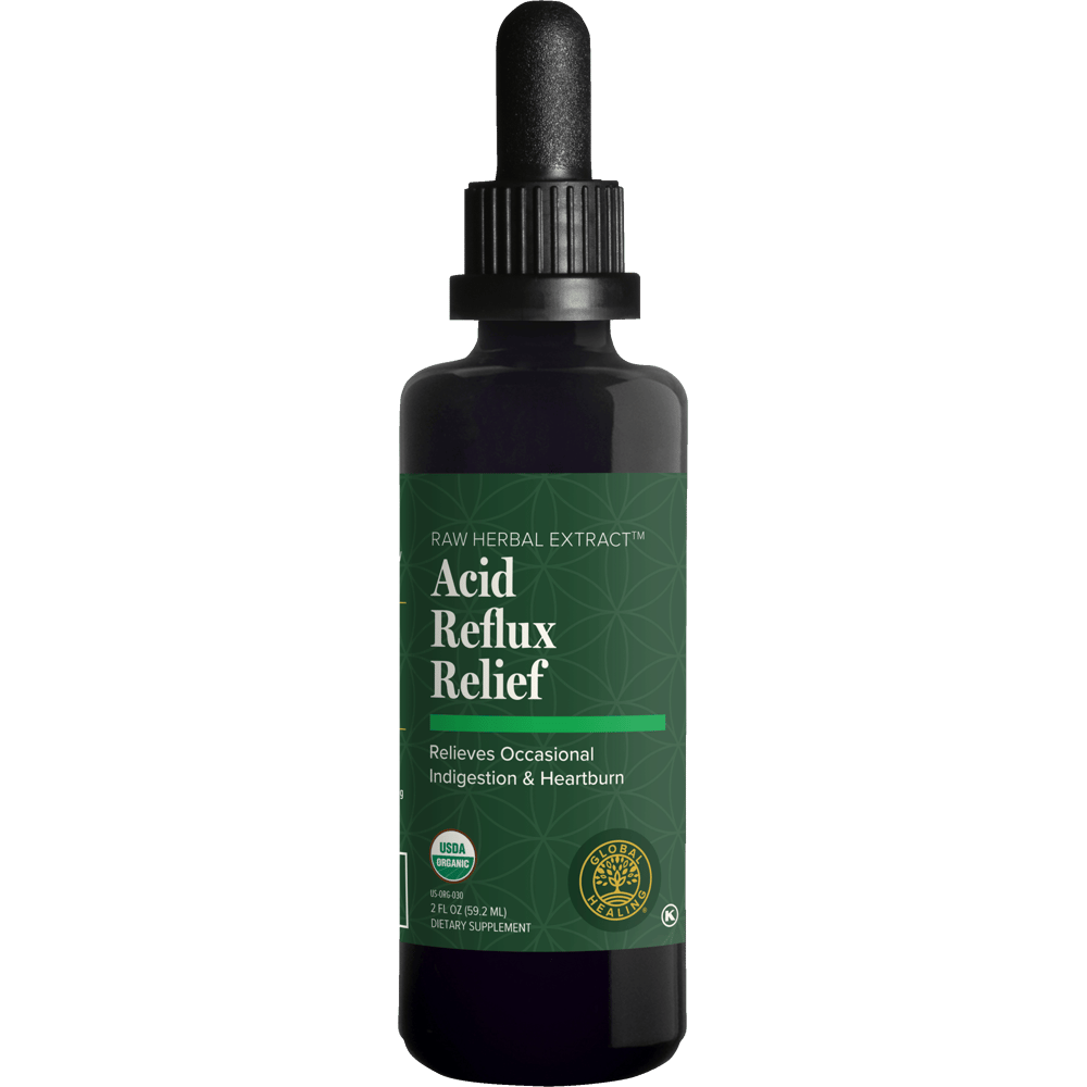 Global Healing Acid Reflux Relief raw herbal extract, 59.2ml dark glass dropper bottle with green label, front of pack