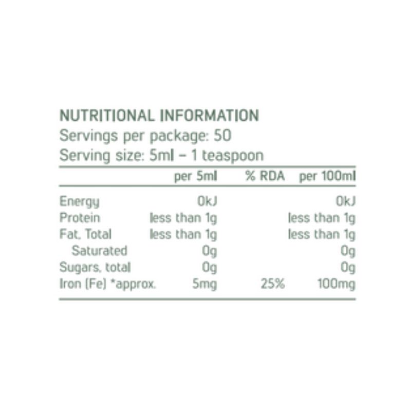 
                  
                    Forage Botanical nutritional information panel: 50 servings, 5ml serving size, 5mg iron
                  
                