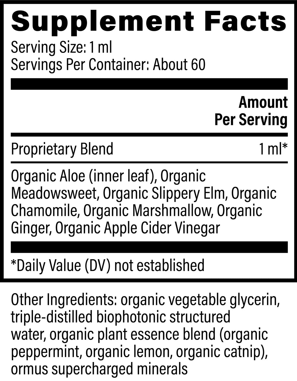 
                  
                    Supplement facts panel for Global Healing Acid Reflux Relief, listing organic aloe and slippery elm
                  
                
