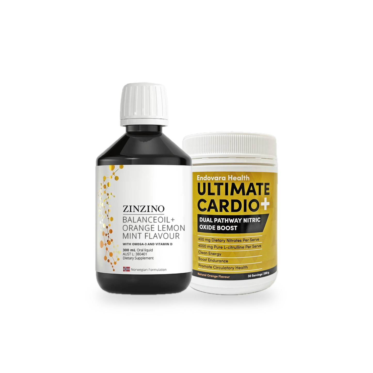 Zinzino BalanceOil+ Orange Lemon Mint 300ml beside Endovara Health Ultimate Cardio+ 280g on a white background