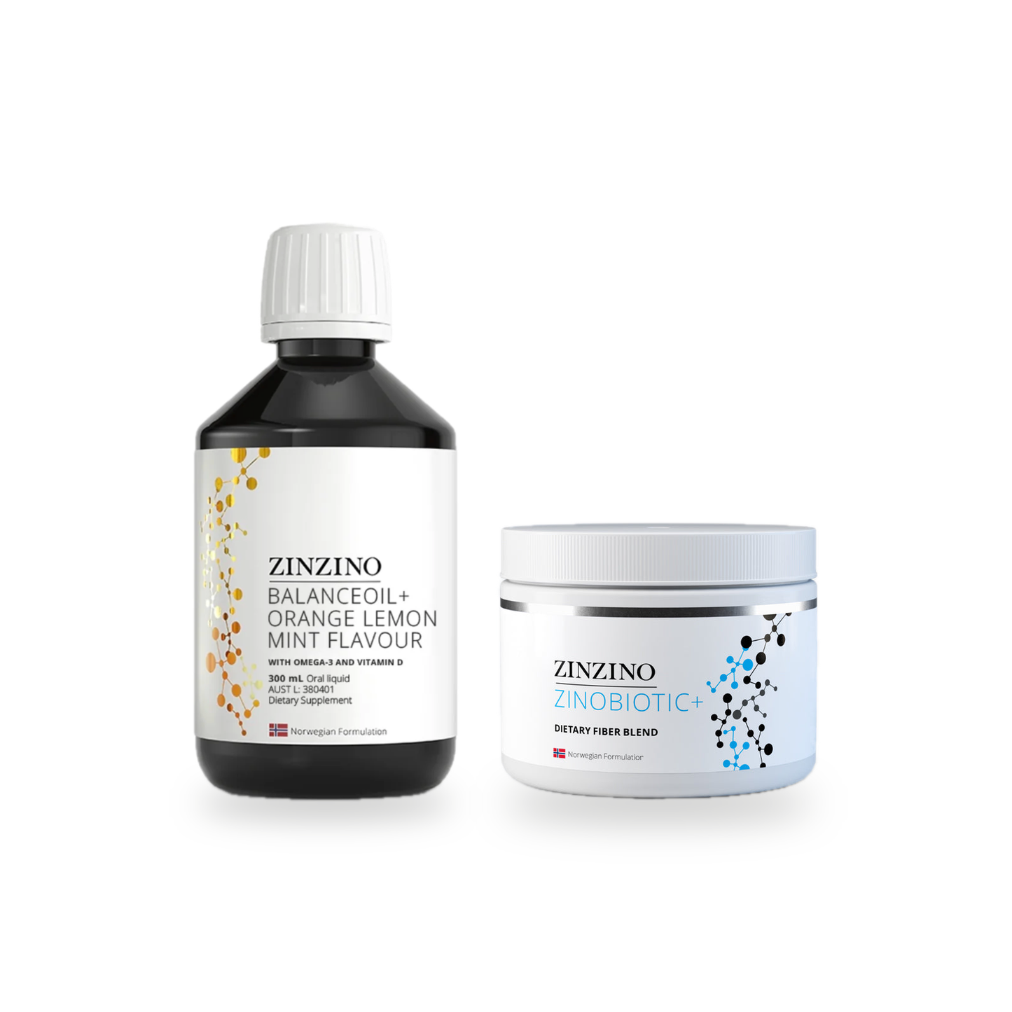 Zinzino BalanceOil+ Orange Lemon Mint 300ml beside Zinzino ZinoBiotic+ 180g on a white background