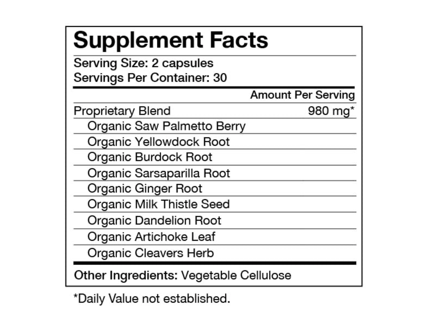 
                  
                    Supplement facts panel for Food Over Drugs Cystic Acne Formula showing a 980mg organic herbal blend per two capsules
                  
                