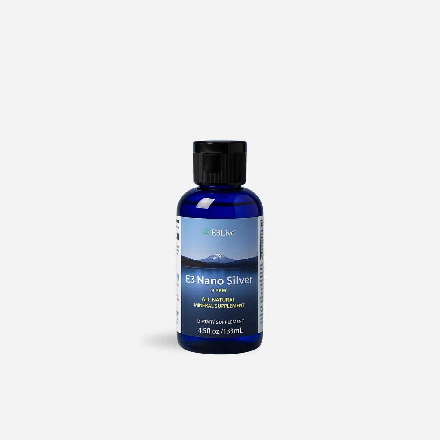 
                  
                    E3 Nano Silver 9 ppm 133 mL cobalt blue glass bottle from E3LIVE, front of label
                  
                