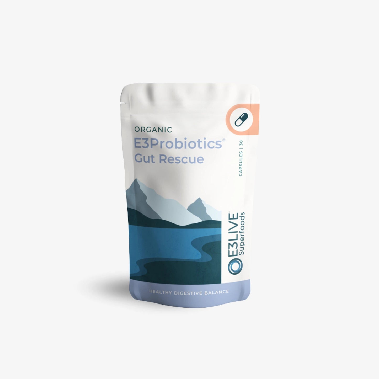 
                  
                    E3Probiotics Gut Rescue 30 capsule pouch from E3LIVE Superfoods, front of pack with blue lake and mountain artwork
                  
                