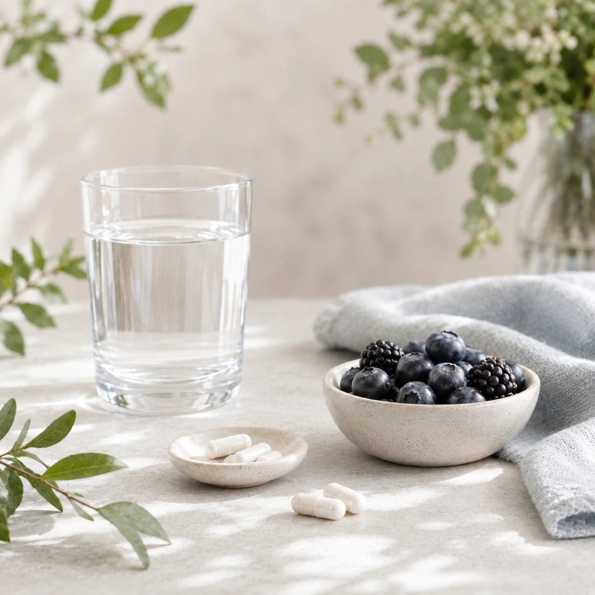 
                  
                    E3Probiotics Gut Rescue capsules in a small ceramic dish next to a glass of water and a bowl of blueberries and blackberries
                  
                