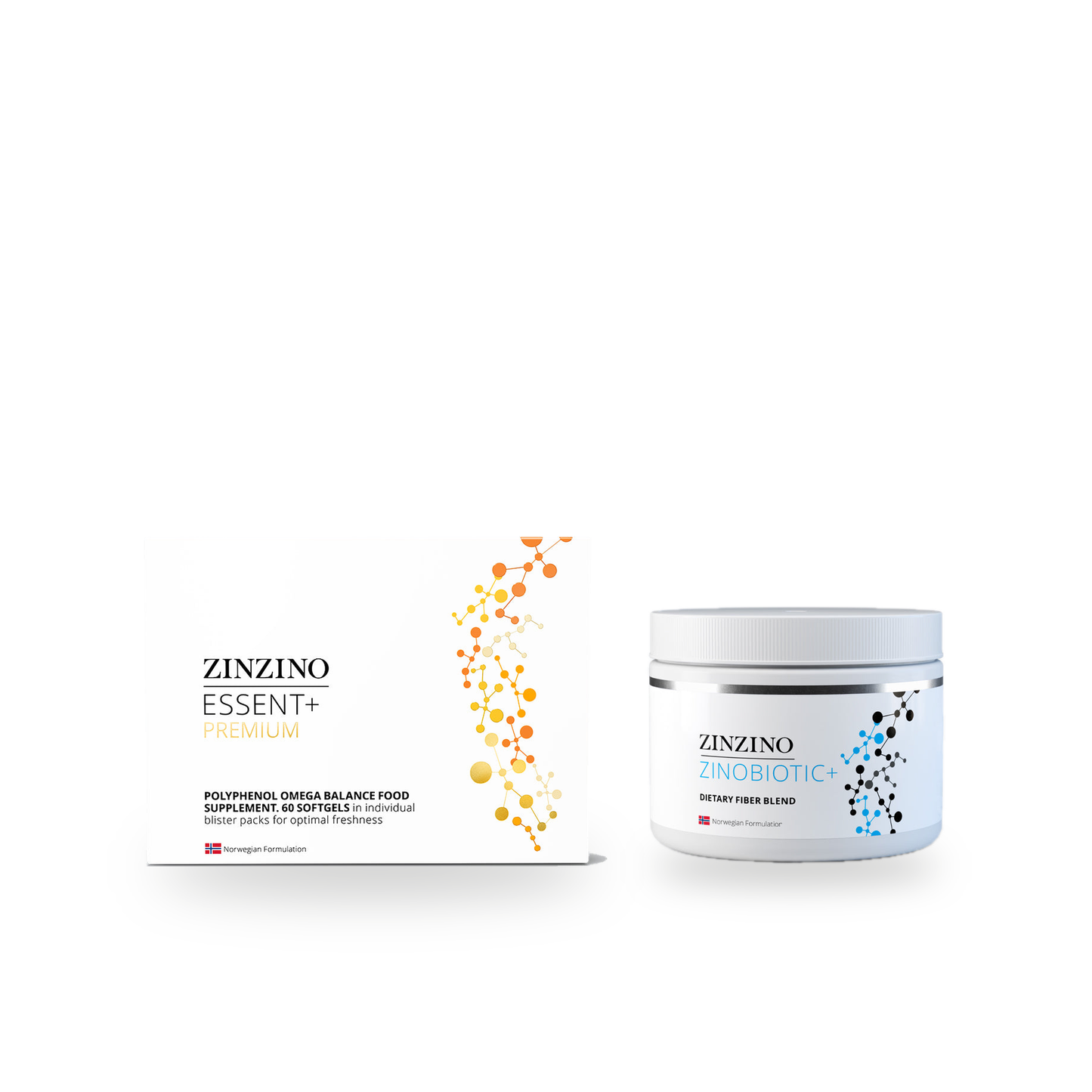 Zinzino Essent+ Premium 60 softgels beside Zinzino ZinoBiotic+ 180g on a white background