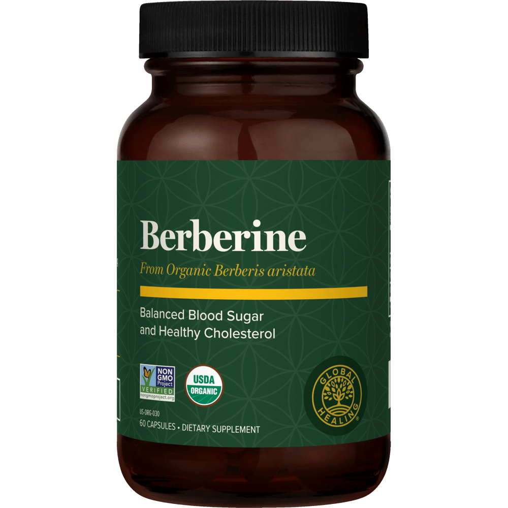 
                  
                    Global Healing Berberine 60 capsules, new label, amber glass bottle front view, organic Berberis aristata with Ceylon cinnamon and black pepper, Australian stockist Sage Wellbeing
                  
                