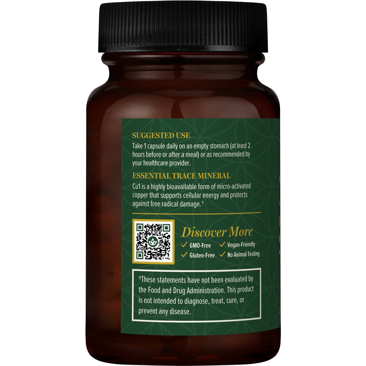 
                  
                    Left side of the Global Healing Bio-Active Copper 30 capsule bottle label with a QR code
                  
                