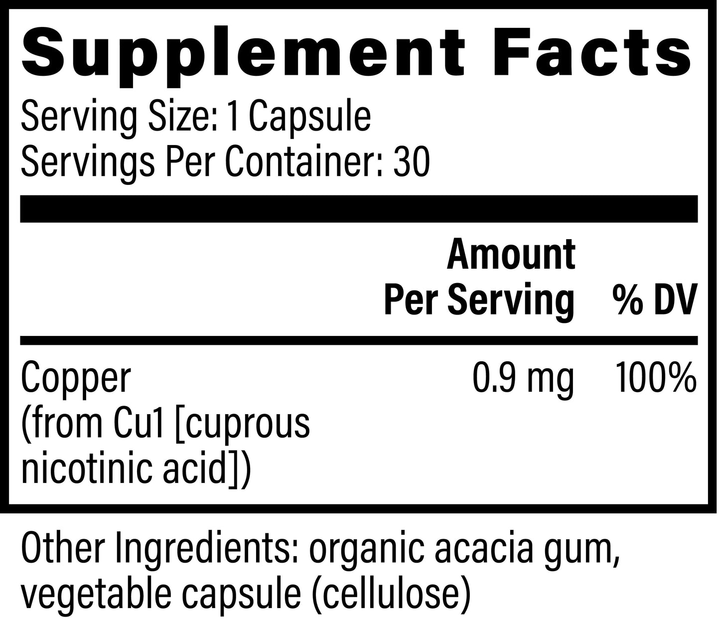 
                  
                    Supplement facts panel for Global Healing Bio-Active Copper, listing 0.9mg copper per capsule
                  
                