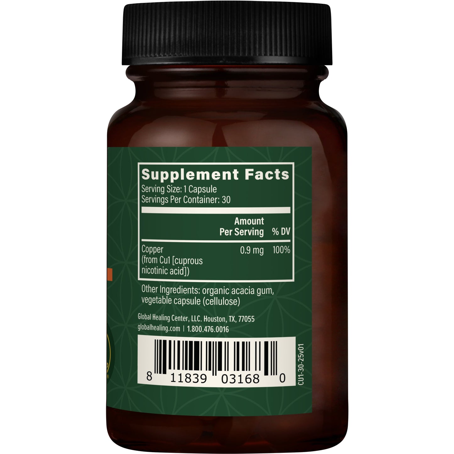 
                  
                    Right side of the Global Healing Bio-Active Copper bottle showing the supplement facts panel
                  
                