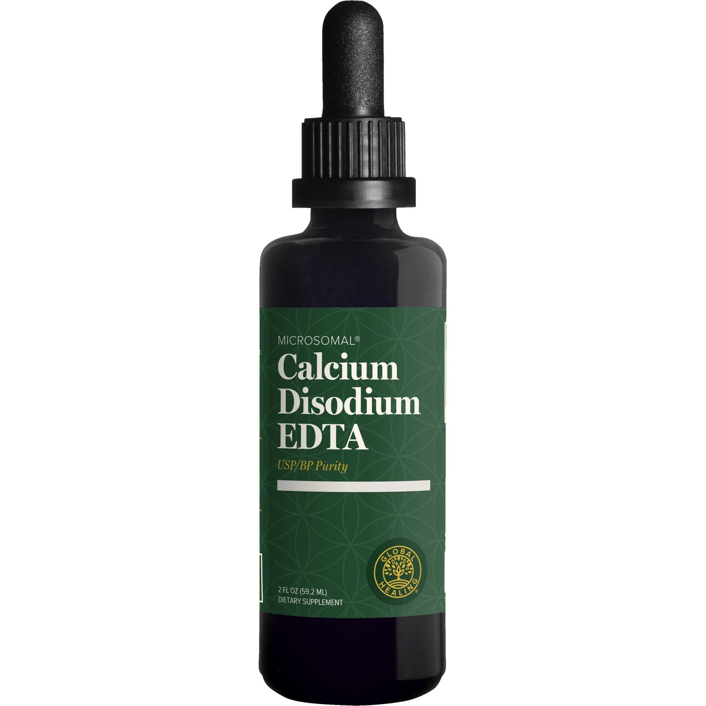 Global Healing Calcium Disodium EDTA MicroSomal, 59.2ml dark dropper bottle, front of pack with the new green and cream label
