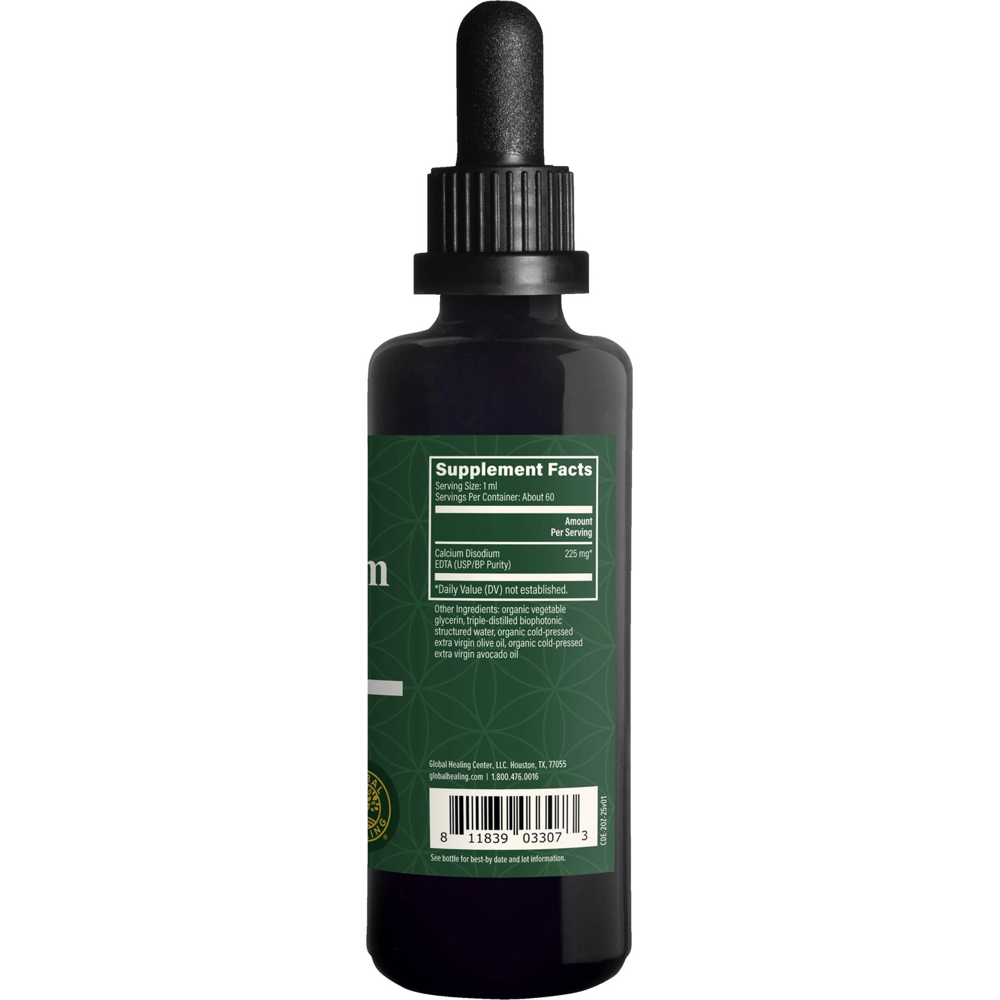 
                  
                    Right side of the Global Healing Calcium Disodium EDTA bottle showing the supplement facts panel and barcode
                  
                