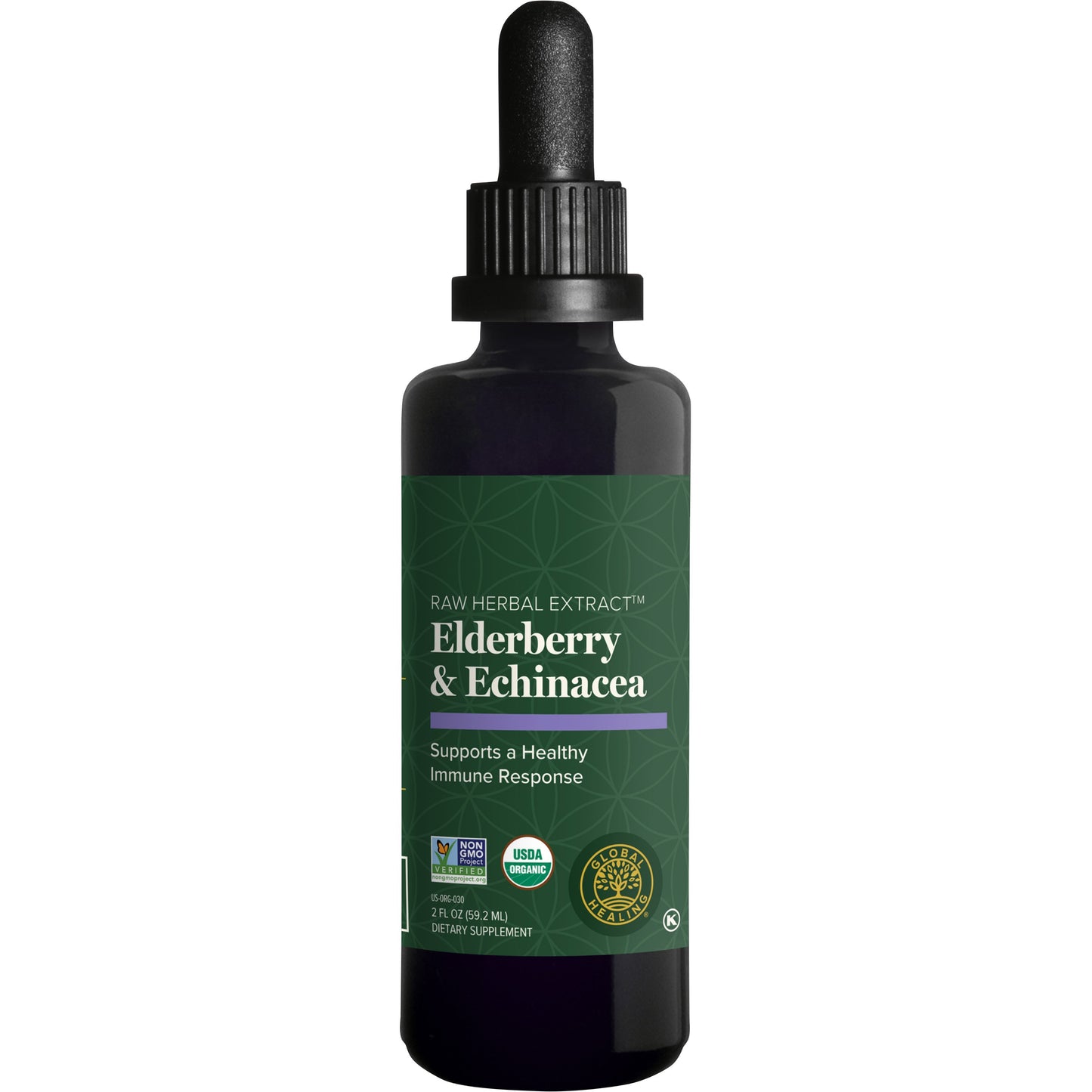 Global Healing Elderberry and Echinacea Raw Herbal Extract 59.2ml bottle, front of new label