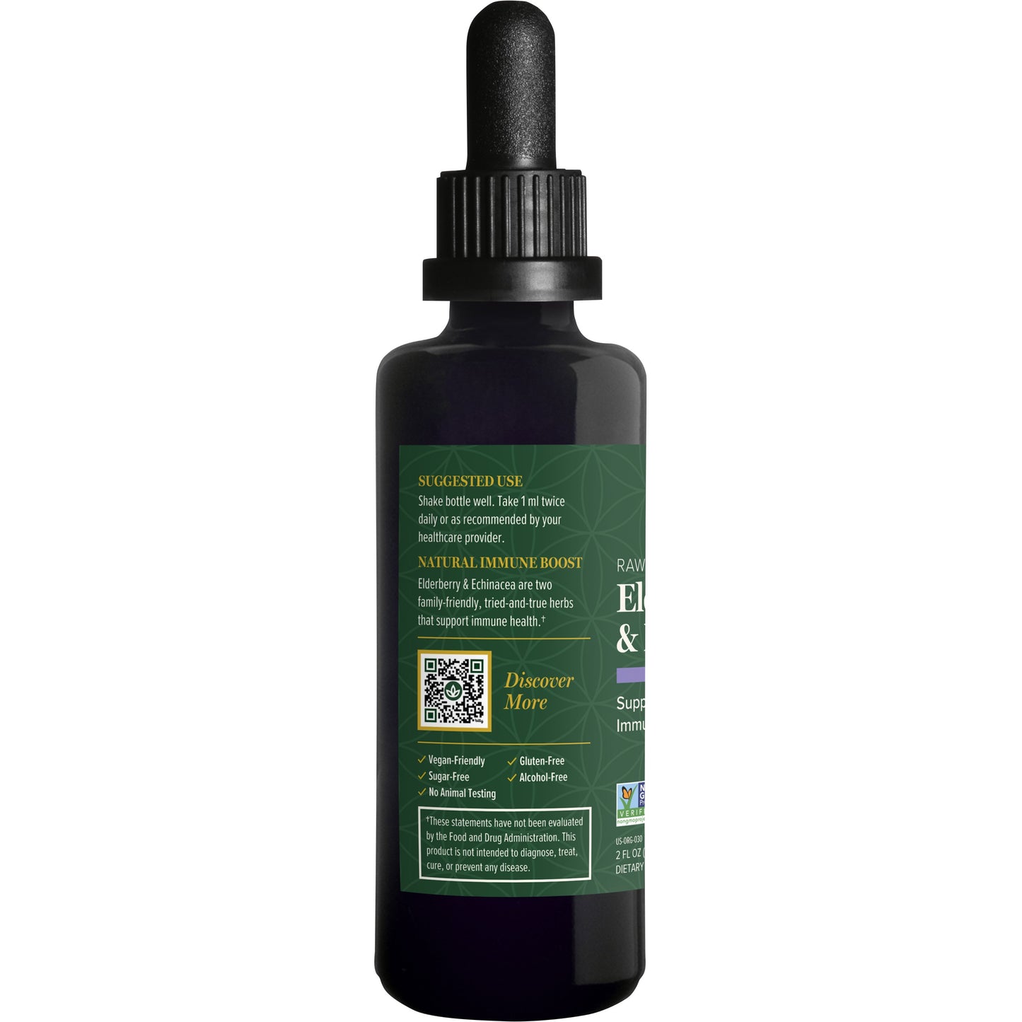 
                  
                    Global Healing Elderberry and Echinacea Raw Herbal Extract 59.2ml bottle, left side of new label
                  
                