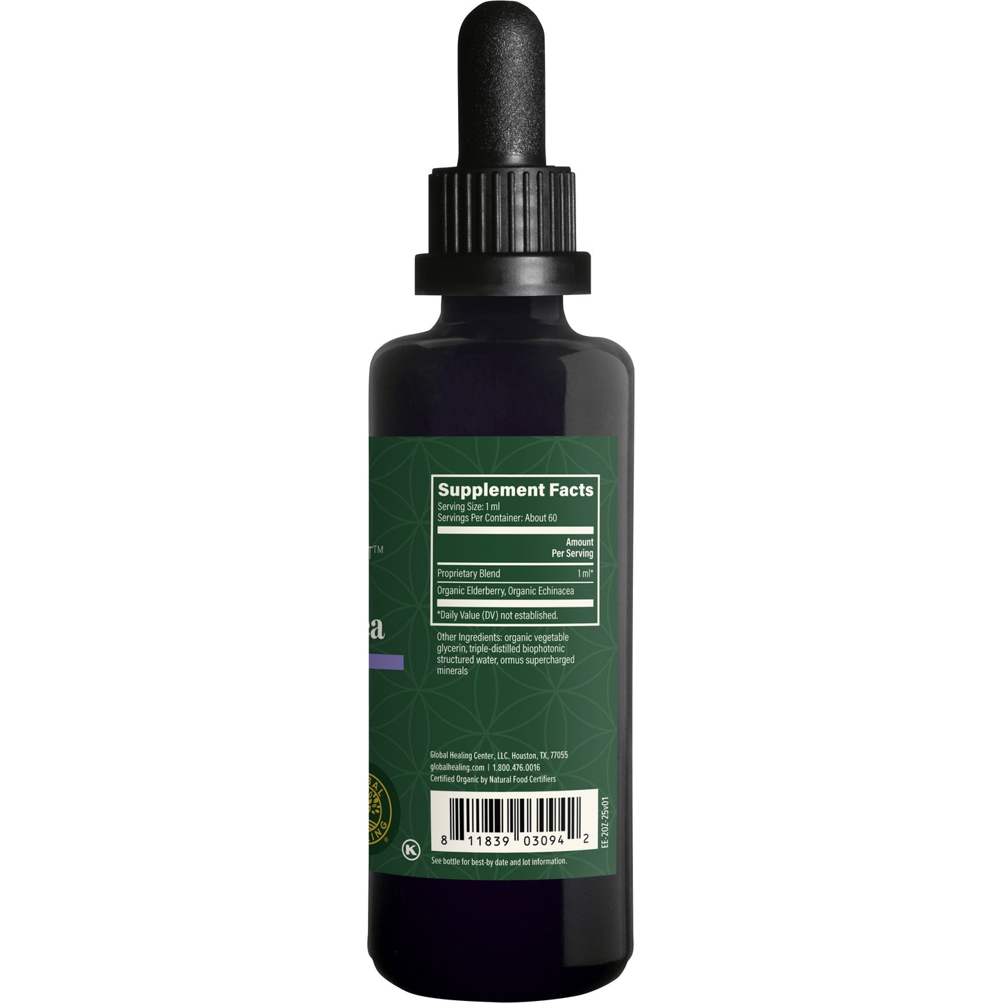 
                  
                    Global Healing Elderberry and Echinacea Raw Herbal Extract 59.2ml bottle, right side of new label
                  
                