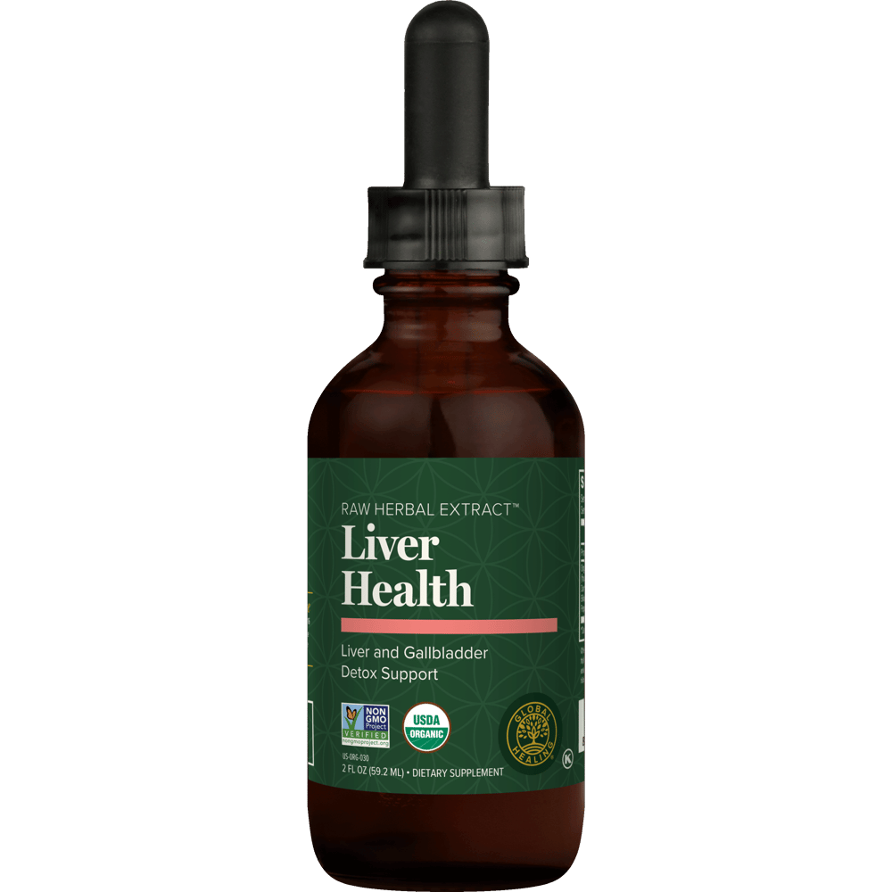 Global Healing Liver Health Raw Herbal Extract 59.2ml amber dropper bottle, new label, front view, Australian stockist Sage Wellbeing