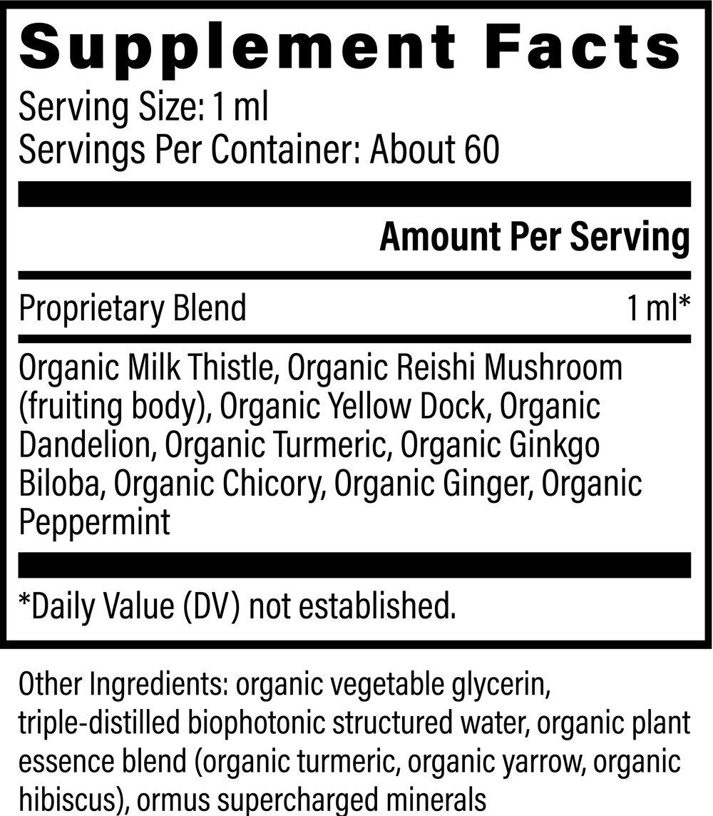 
                  
                    Global Healing Liver Health side panel supplement facts: 1ml serving of organic milk thistle, reishi mushroom, yellow dock, dandelion, turmeric, ginkgo biloba, chicory, ginger and peppermint
                  
                
