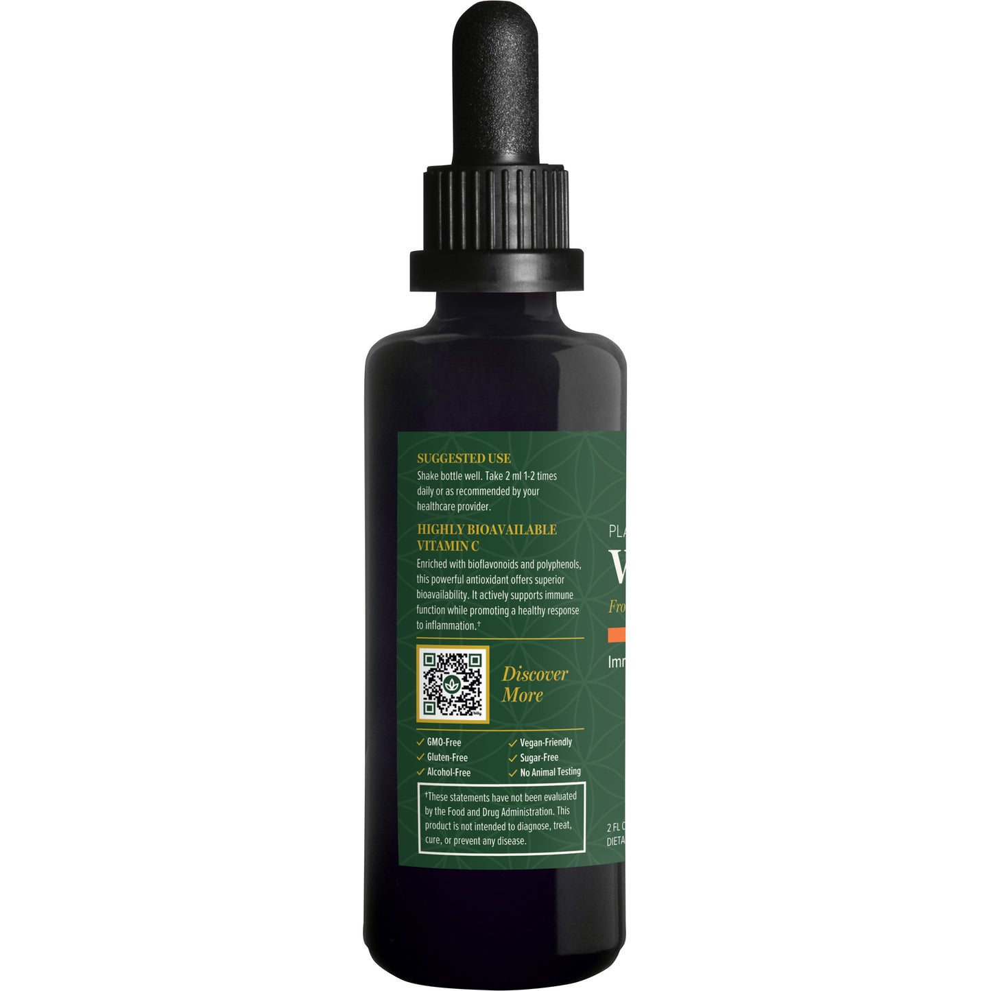 
                  
                    Left side of the Global Healing Vitamin C 59.2ml bottle label, showing a QR code and dietary icons
                  
                
