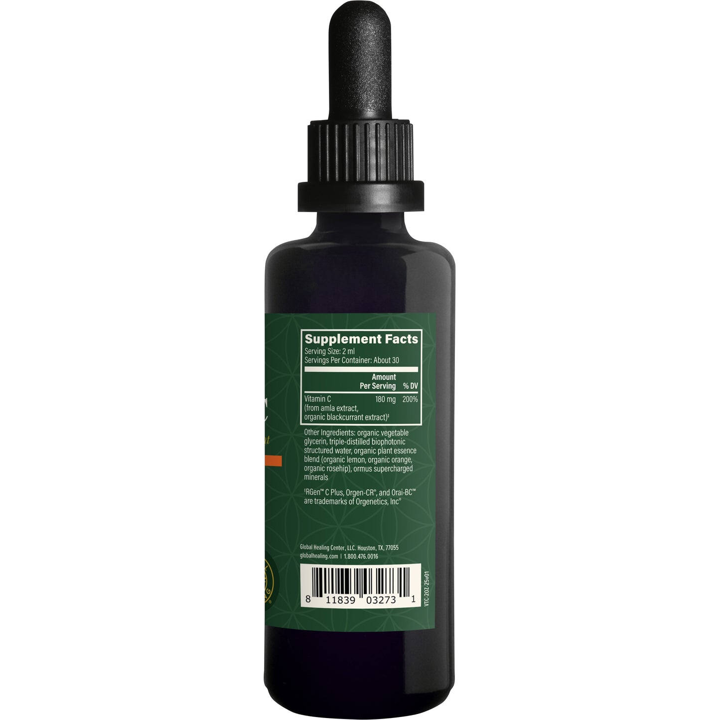
                  
                    Right side of the Global Healing Vitamin C 59.2ml bottle showing the supplement facts panel
                  
                