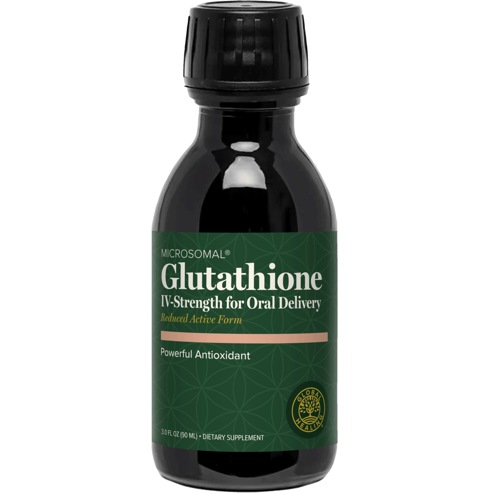 
                  
                    Global Healing MicroSomal Glutathione IV-Strength 90ml dark glass bottle with green label, front of pack
                  
                