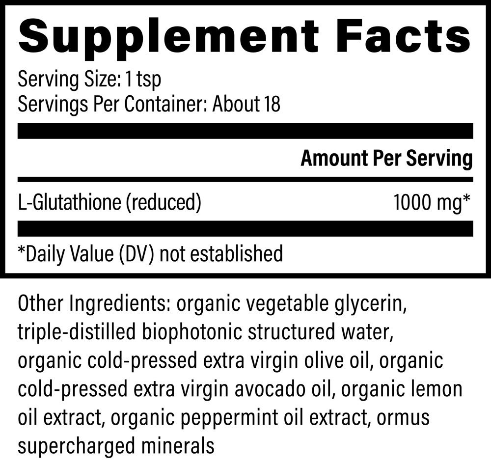 
                  
                    Supplement facts panel for Global Healing MicroSomal Glutathione showing 1,000mg reduced L-Glutathione per teaspoon and the other ingredients
                  
                