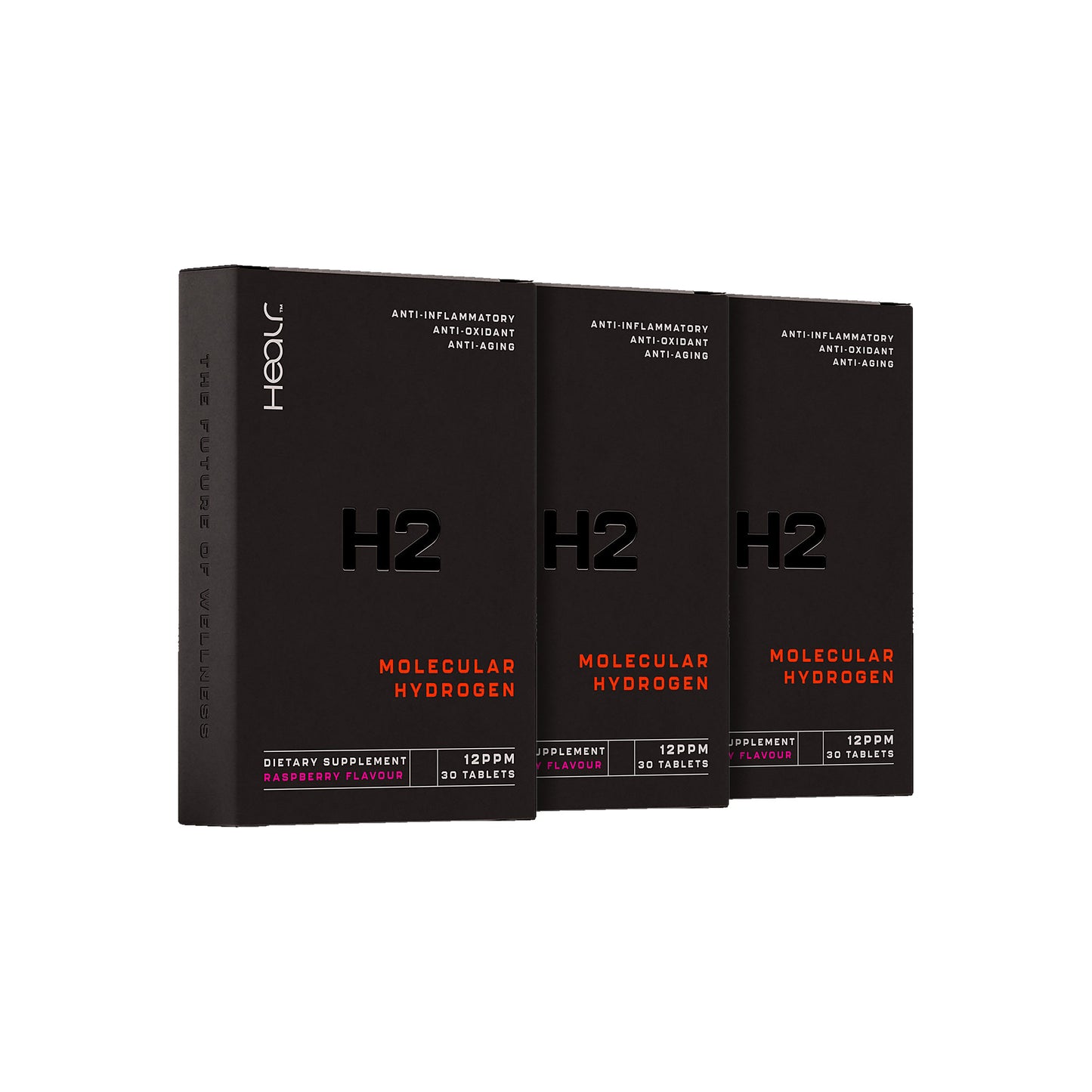 Three Healr H2 Molecular Hydrogen raspberry flavour 30 tablet cartons, 12PPM, 3 packet bundle on a white background