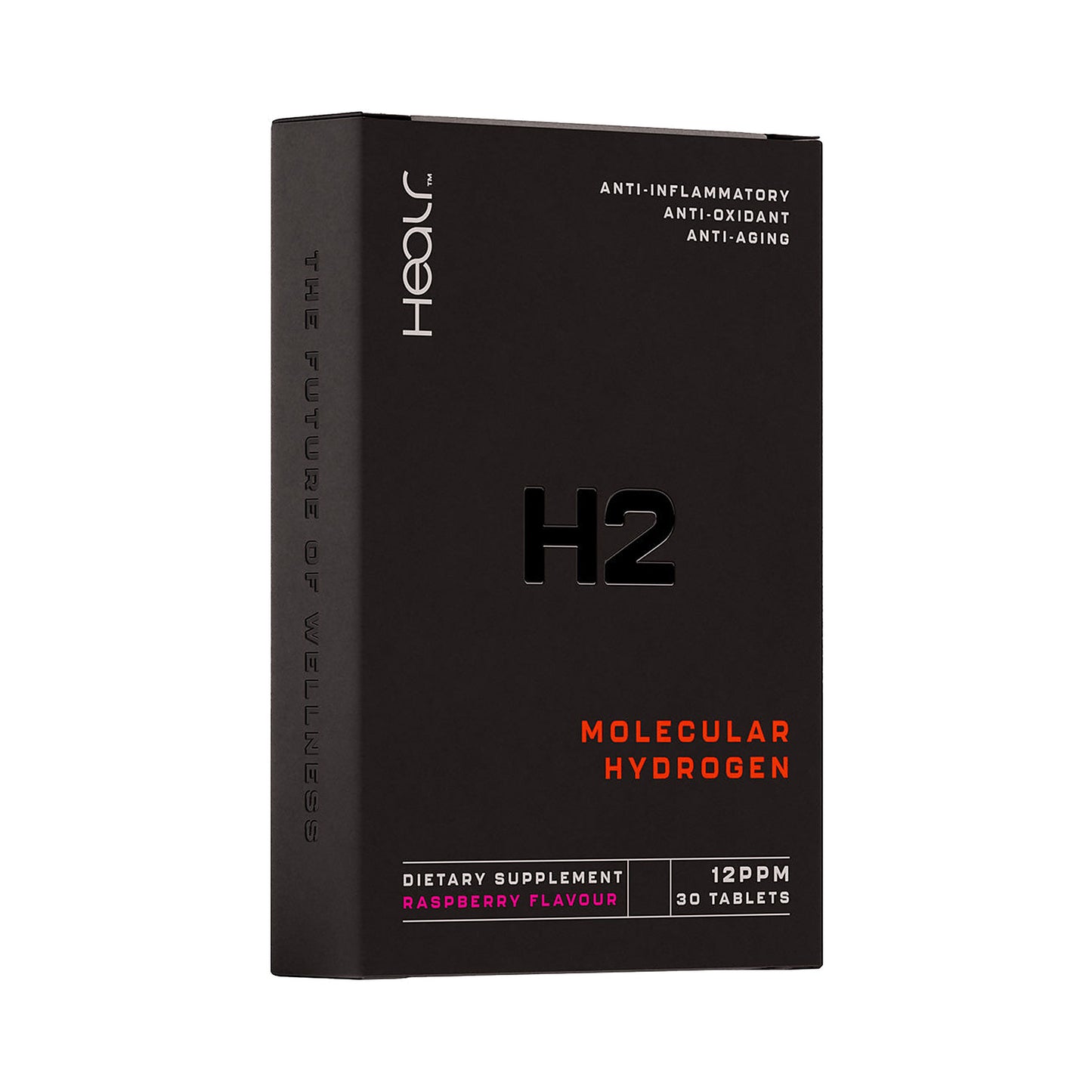 Healr H2 Molecular Hydrogen raspberry flavour 30 tablet carton, 12PPM, front of pack on a white background