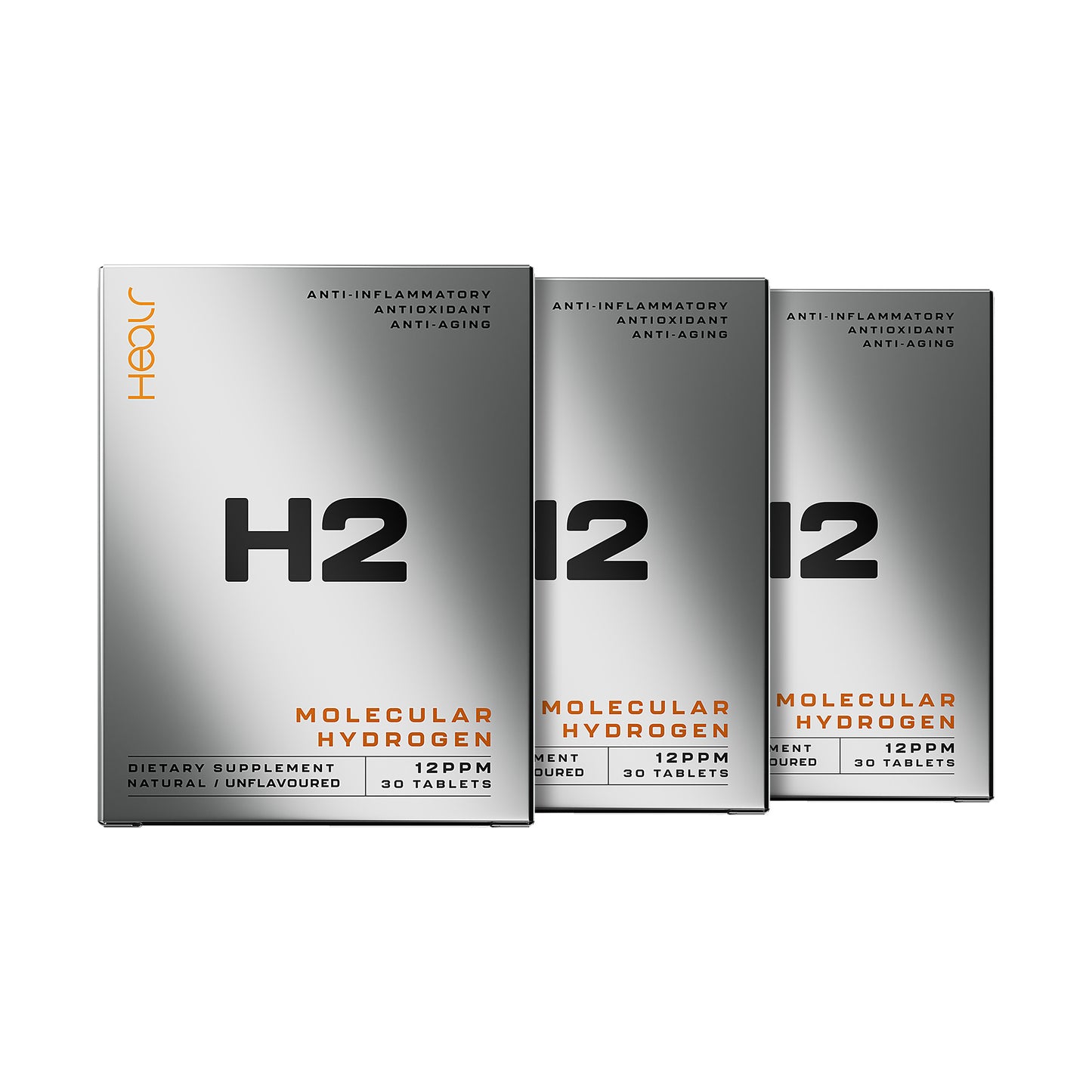 Three Healr H2 Molecular Hydrogen unflavoured 30 tablet cartons, 12PPM, 3 packet bundle on a white background