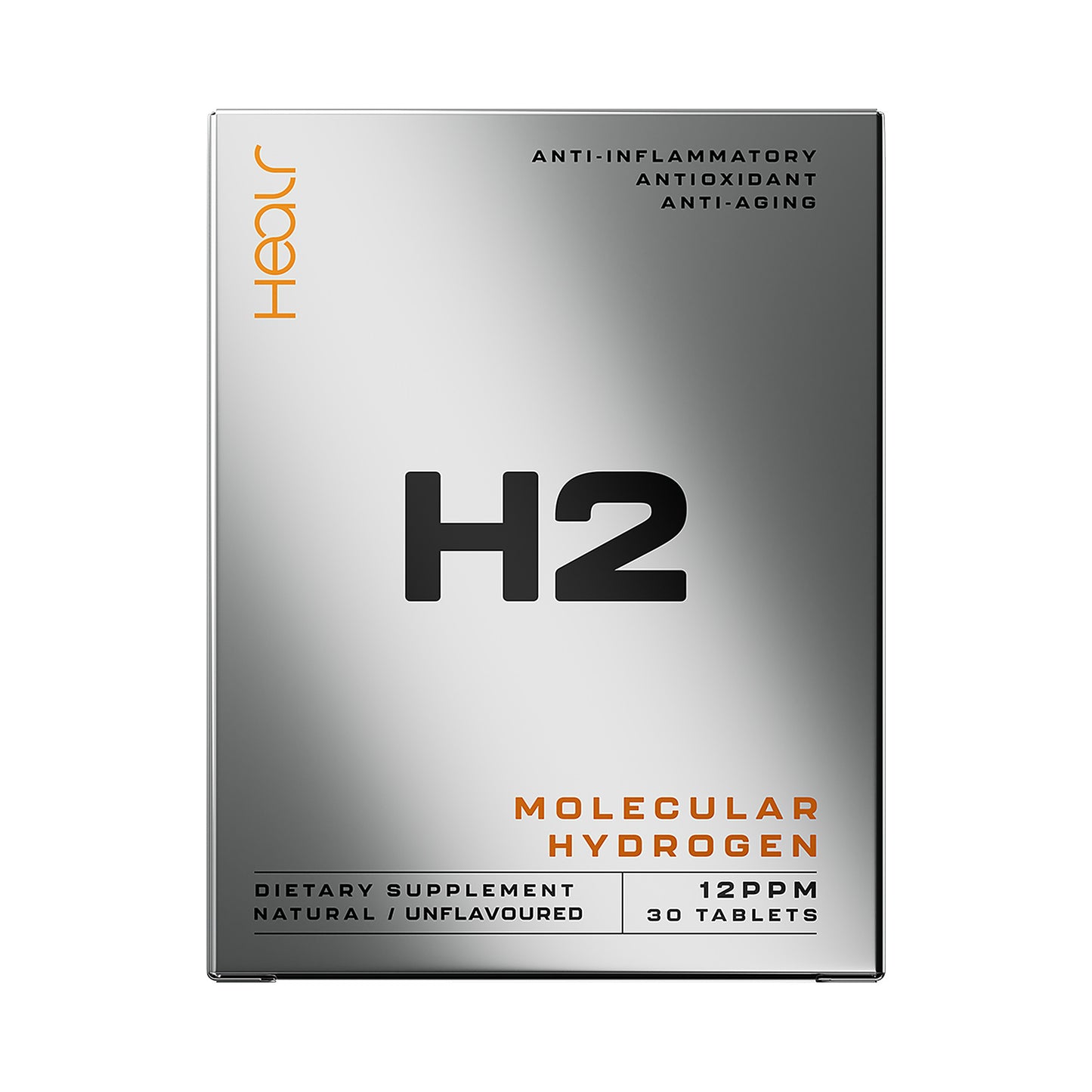 Healr H2 Molecular Hydrogen unflavoured 30 tablet carton, 12PPM, front of pack on a white background