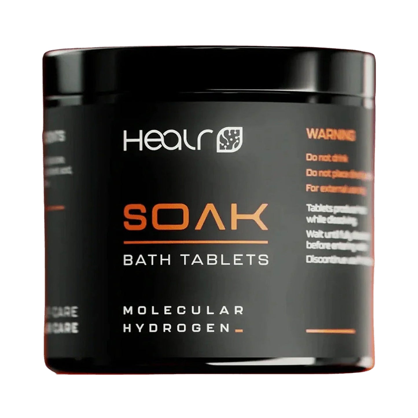 Healr SOAK molecular hydrogen bath tablets, 60 tablet jar, front of pack on a white background