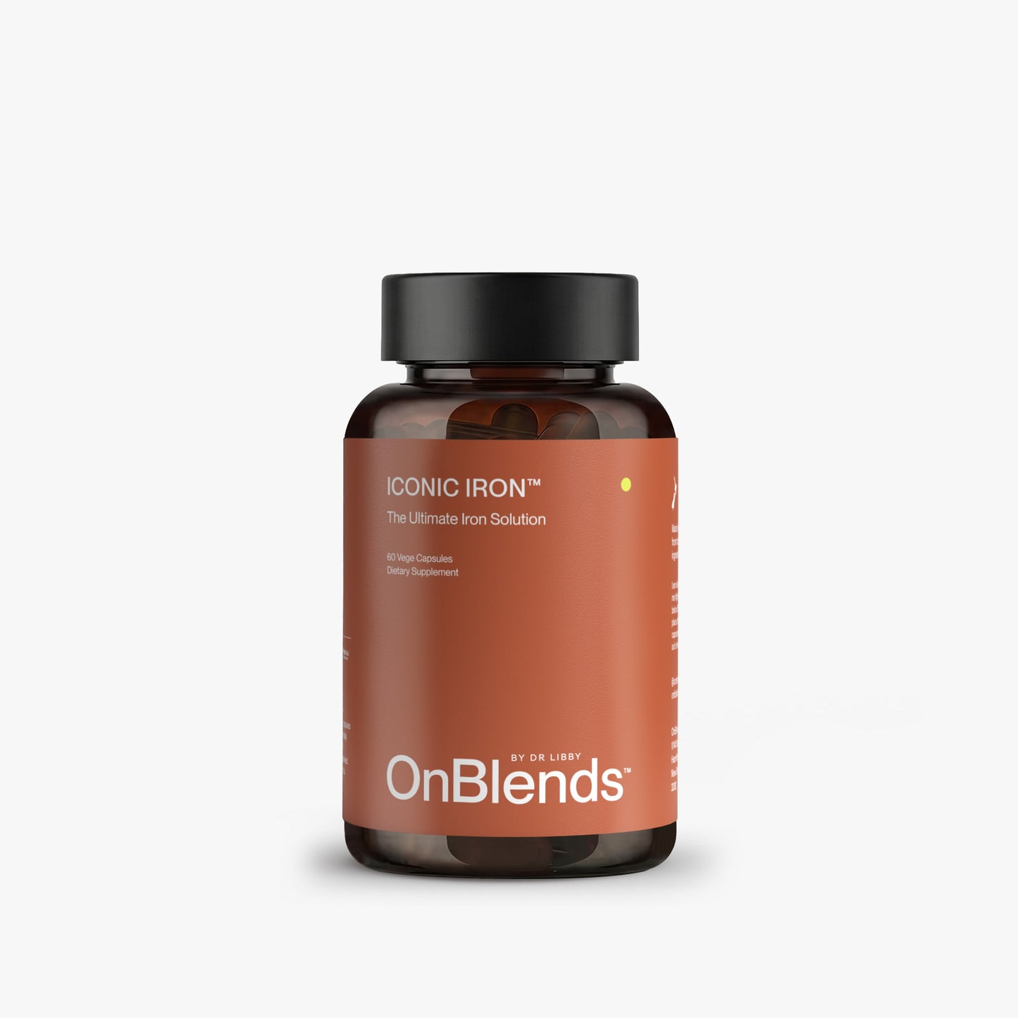 OnBlends Iconic Iron 60 vege capsules, amber glass bottle front of pack