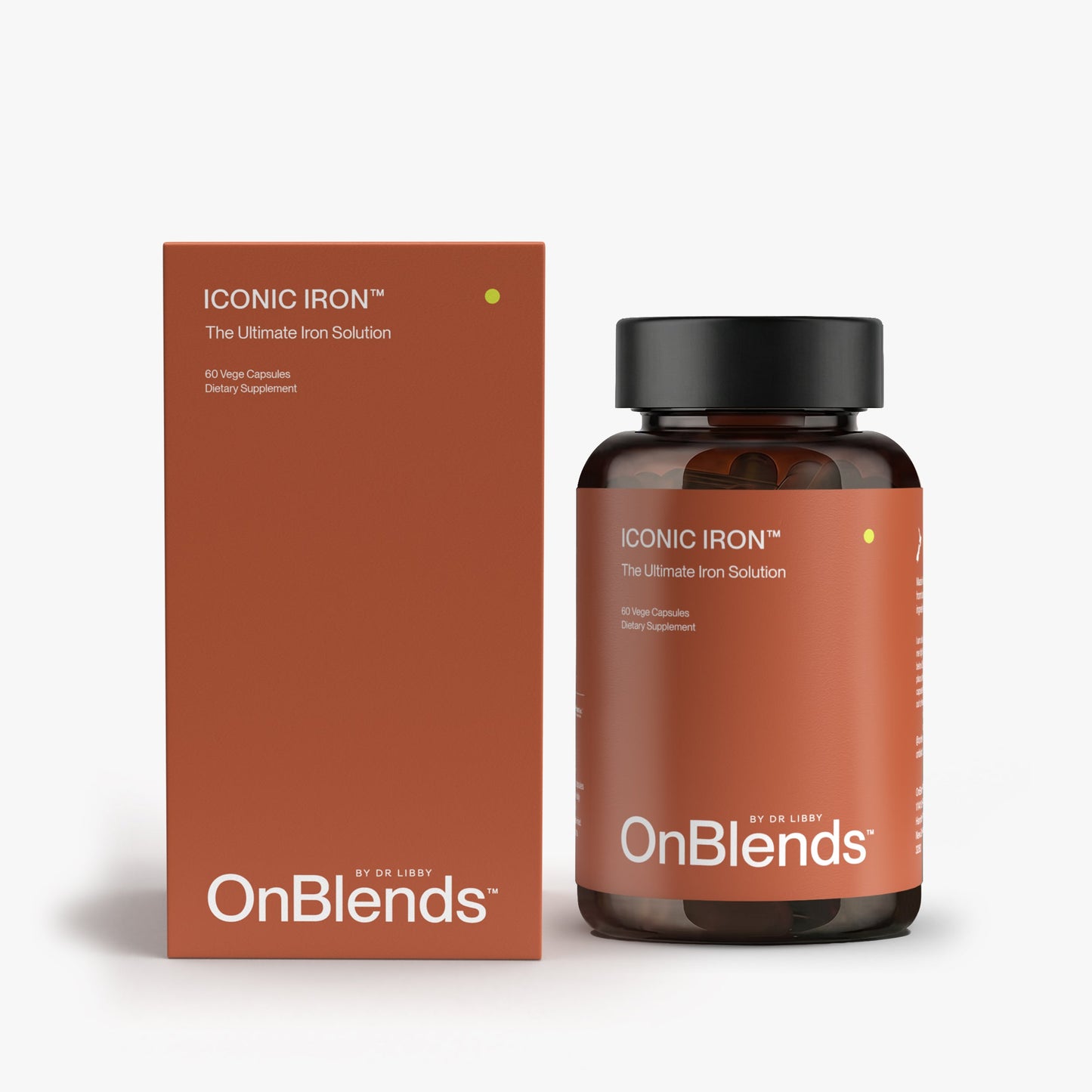 
                  
                    OnBlends Iconic Iron outer carton and bottle, The Ultimate Iron Solution 60 vege capsules
                  
                