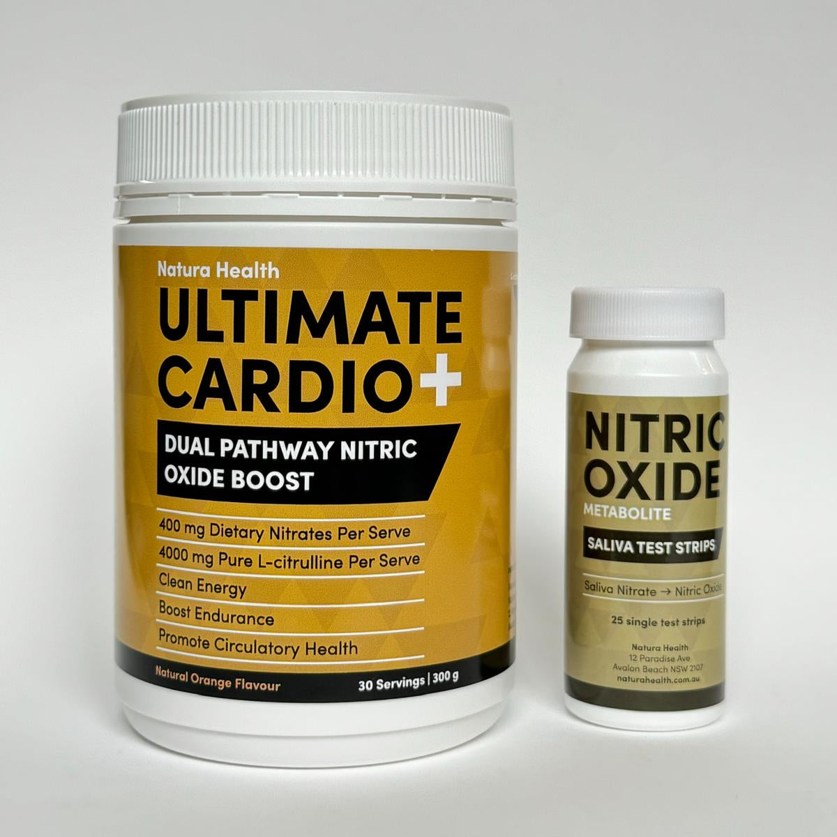 Two supplement containers labeled 'Ultimate Cardio+' and 'Nitric Oxide' on a white background