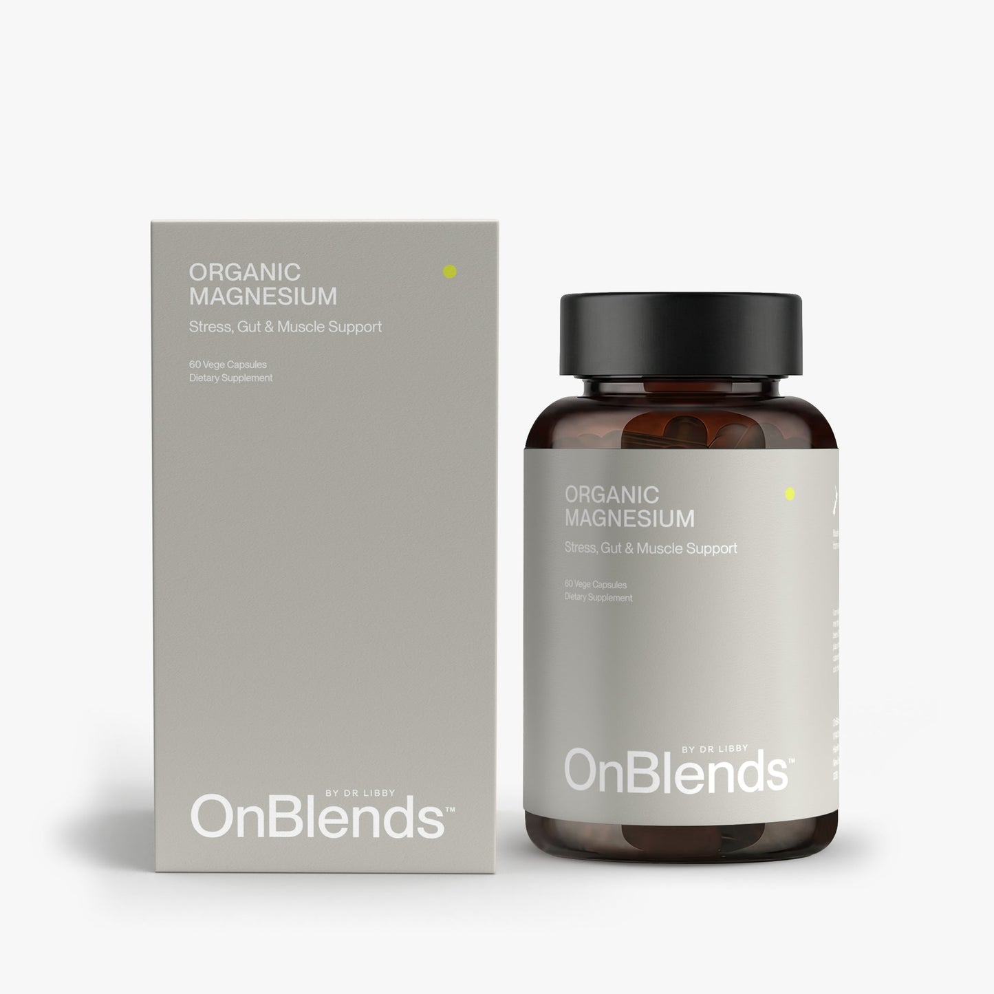 
                  
                    OnBlends Organic Magnesium carton and bottle side by side, Stress, Gut and Muscle Support, 60 vege capsules
                  
                
