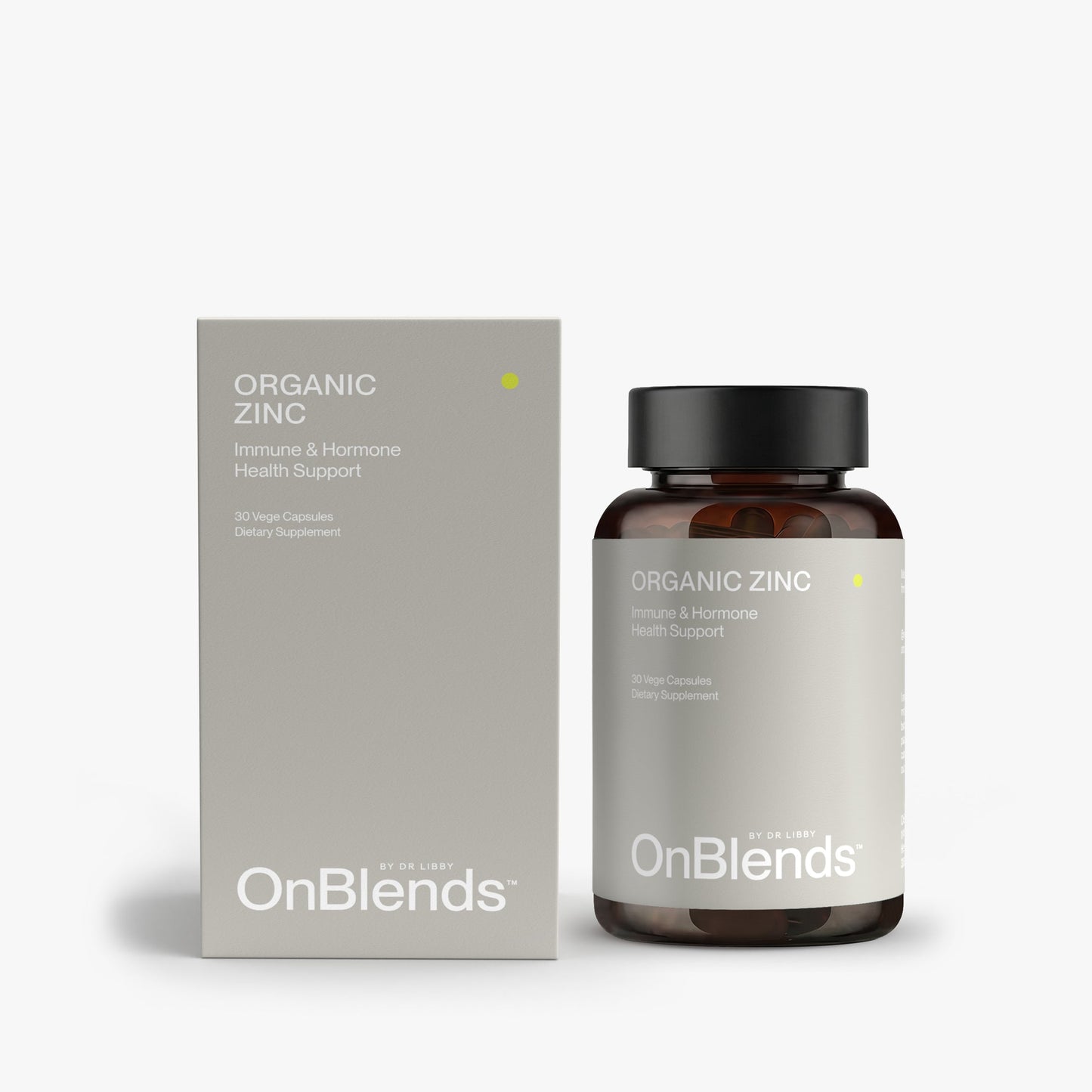 
                  
                    OnBlends Organic Zinc carton and bottle side by side, Immune and Hormone Health Support, 30 vege capsules
                  
                