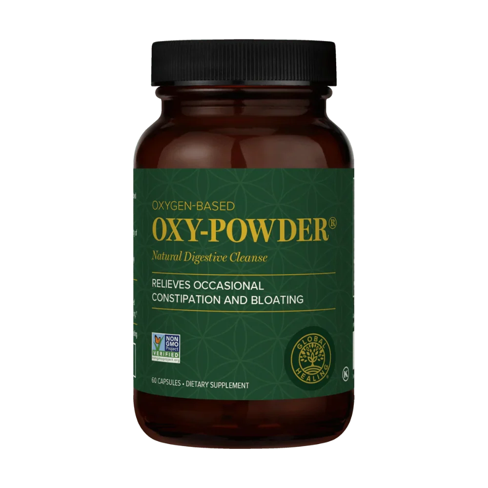 
                  
                    Global Healing Oxy-Powder 60 capsule bottle with green label, front of pack
                  
                
