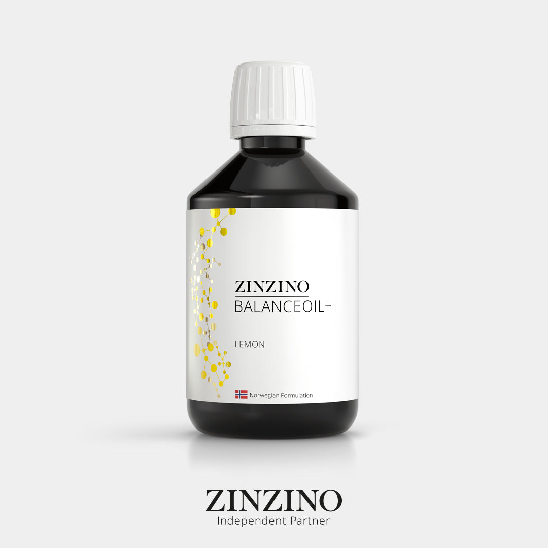 
                  
                    Zinzino BalanceOil+ Lemon, 300ml dark bottle with white and yellow label, front of pack
                  
                