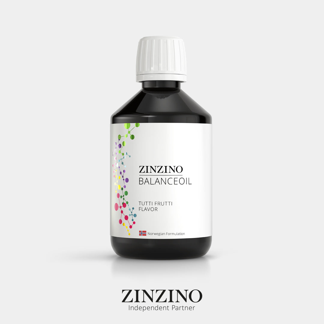 
                  
                    Zinzino BalanceOil+ Tutti Frutti, 300ml dark bottle with white label, front of pack
                  
                